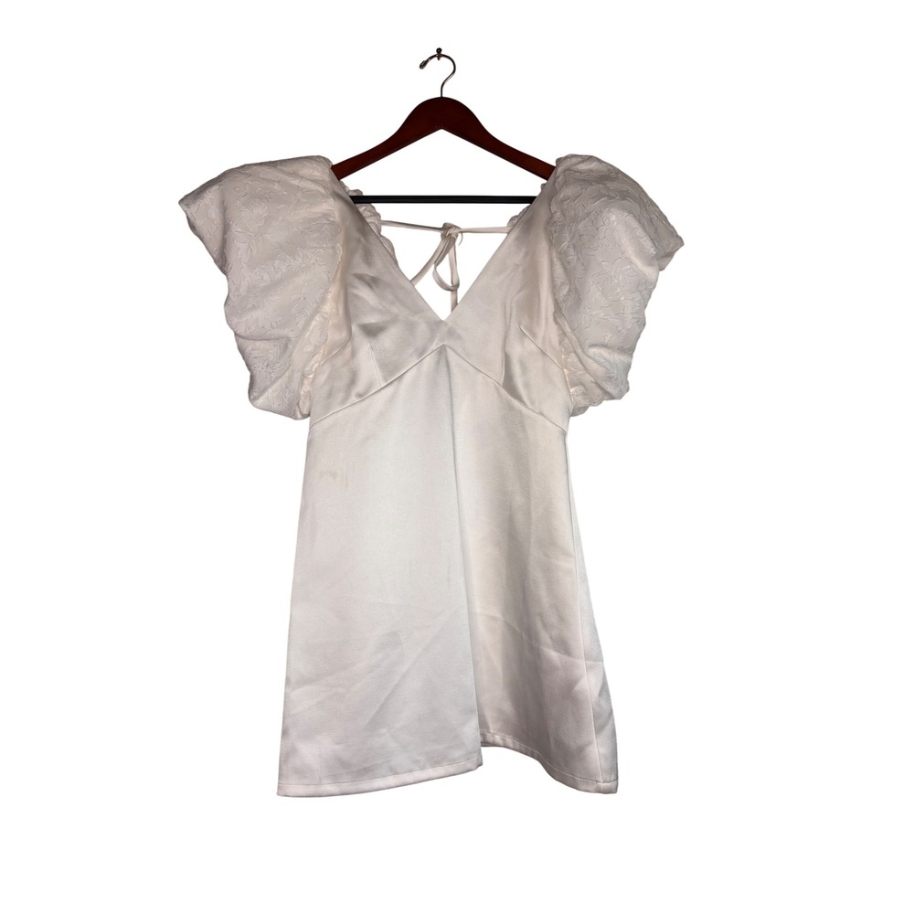 Nasty Gal White Lace Puff Sleeve V‎ Neck Tie Back Mini Dress Size 10
